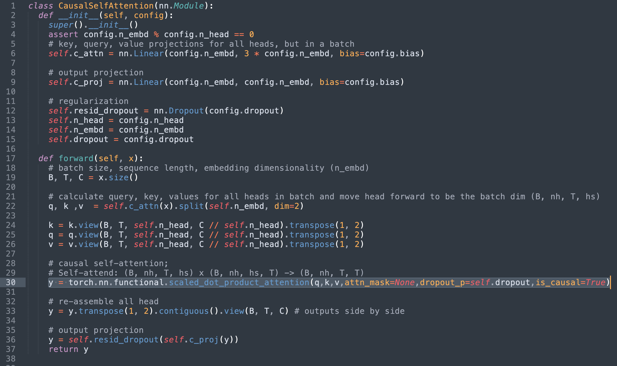 Swapping out the SDPA implementation for torch’s scaled_dot_product_attention and removing the now redundant code yields the following implementation.